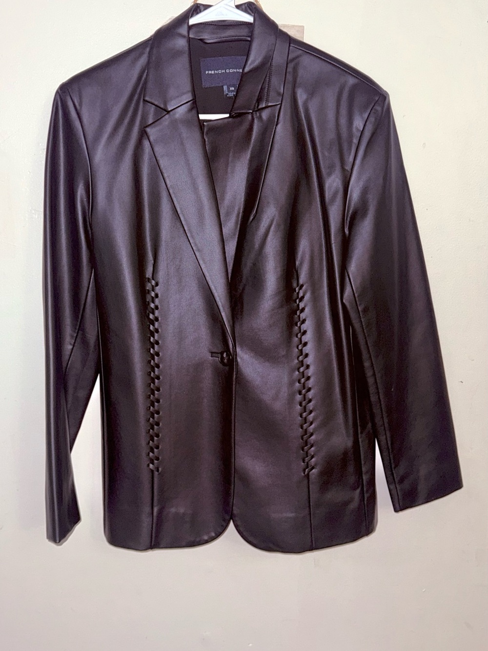 French Connection Black Faux Leather Blazer with Braided Side Detailing
